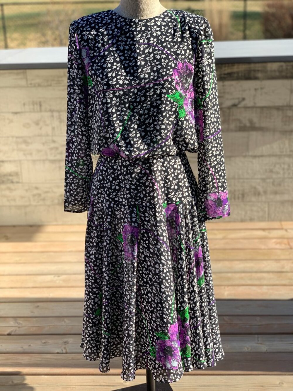 Vintage Floral Midi Dress M Black White Purple Sheer Chiffon Long Sleeve Modest